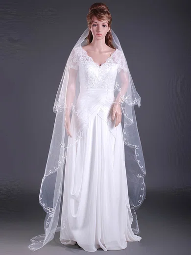 Elegant Three-tier Chapel Wedding Veils with Cut Edge #1430038