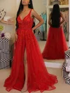 A-line V-neck Tulle Sweep Train Prom Dresses With Split Front #Milly020113333