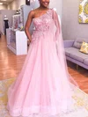 A-line One Shoulder Tulle Floor-length Prom Dresses With Pockets #Milly020113341