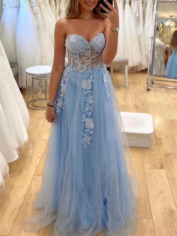 A-line Sweetheart Tulle Floor-length Prom Dresses With Appliques Lace #Milly020113352