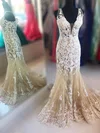 Trumpet/Mermaid V-neck Lace Tulle Sweep Train Prom Dresses With Appliques Lace #Milly020113359