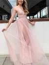 A-line V-neck Lace Tulle Floor-length Prom Dresses With Split Front #Milly020113362
