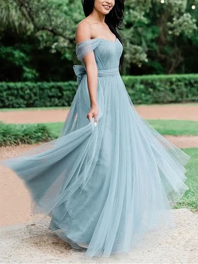 A-line Off-the-shoulder Tulle Floor-length Prom Dresses With Sashes / Ribbons #Milly020113363