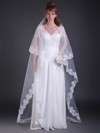 Delicate Two-tier Chapel Wedding Veils with Lace Applique Edge #1430042