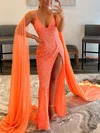 Sheath/Column V-neck Chiffon Sequined Floor-length Prom Dresses With Split Front S020113374