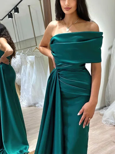 Sheath/Column One Shoulder Satin Sweep Train Prom Dresses With Split Front #Milly020113385