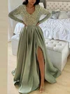 A-line V-neck Satin Sequined Sweep Train Prom Dresses With Split Front #Milly020113386