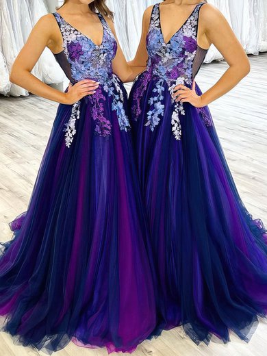 Ball Gown/Princess Floor-length V-neck Tulle Appliques Lace Prom Dresses #Milly020113390