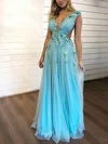 A-line V-neck Tulle Floor-length Prom Dresses With Beading #Milly020113407