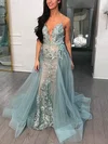 A-line V-neck Tulle Detachable Prom Dresses With Appliques Lace #Milly020113410