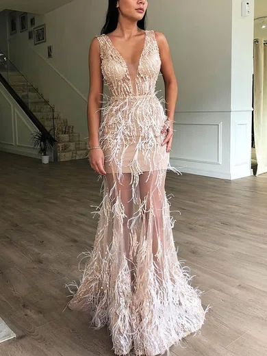 Sheath/Column V-neck Tulle Floor-length Prom Dresses With Feathers / Fur #Milly020113442