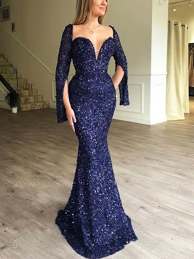 Sheath/Column Floor-length V-neck Sequined Long Sleeves Prom Dresses #Milly020113444