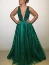A-line V-neck Satin Tulle Floor-length Prom Dresses With Beading #Milly020113450