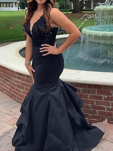 Trumpet/Mermaid V-neck Silk-like Satin Floor-length Prom Dresses With Appliques Lace #Milly020113458