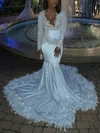 Trumpet/Mermaid Sweep Train V-neck Tulle Shimmer Crepe Beading Prom Dresses #Milly020113477
