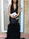 Trumpet/Mermaid Halter Sequined Sweep Train Prom Dresses With Feathers / Fur #Milly020113479