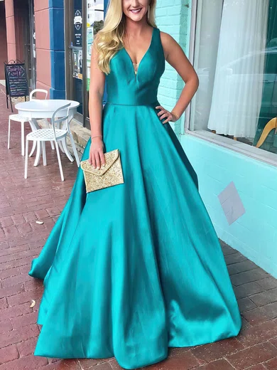 Princess V-neck Satin Sweep Train Prom Dresses #Milly020113485
