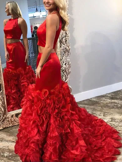 Trumpet/Mermaid Scoop Neck Satin Organza Sweep Train Prom Dresses With Tiered #Milly020113492