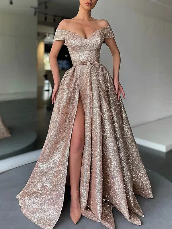 Princess Off-the-shoulder Shimmer Crepe Floor-length Prom Dresses With Split Front #Milly020113512