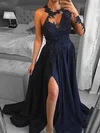 A-line Sweep Train Scoop Neck Silk-like Satin Long Sleeves Appliques Lace Prom Dresses #Milly020113517