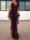 Sheath/Column V-neck Chiffon Velvet Floor-length Prom Dresses With Cascading Ruffles #Milly020113525