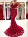 Trumpet/Mermaid V-neck Tulle Sweep Train Prom Dresses With Appliques Lace #Milly020113540