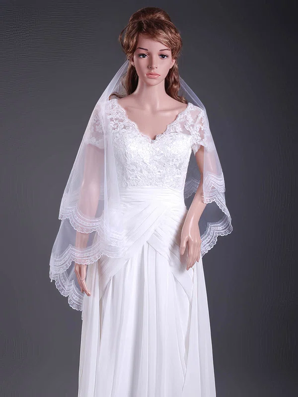 Gorgeous Two-tier Tulle Fingertip Wedding Veils with Lace Applique Edge #1430059
