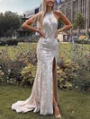 Trumpet/Mermaid High Neck Lace Sweep Train Prom Dresses With Beading #Milly020113553