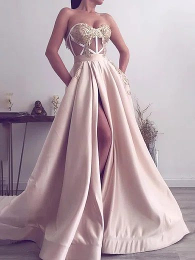 Ball Gown Sweetheart Satin Sweep Train Appliques Lace Prom Dresses #Milly020113559