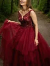 Princess V-neck Tulle Sweep Train Prom Dresses With Appliques Lace #Milly020113561