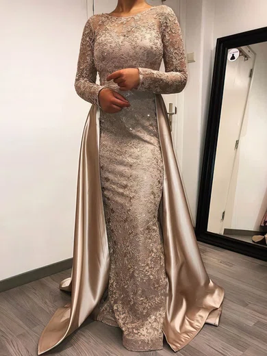 Sheath/Column Scoop Neck Lace Satin Detachable Prom Dresses With Sequins #Milly020113564