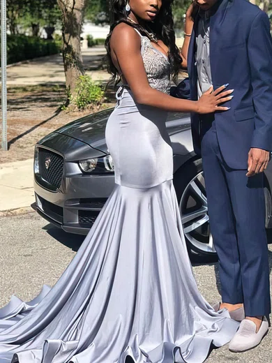 Trumpet/Mermaid V-neck Jersey Sweep Train Prom Dresses With Appliques Lace #Milly020113569