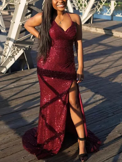 Sheath/Column V-neck Sequined Sweep Train Prom Dresses With Split Front #Milly020113571