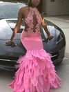 Trumpet/Mermaid Floor-length Halter Jersey Appliques Lace Prom Dresses #Milly020113573