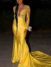Trumpet/Mermaid Scoop Neck Tulle Jersey Sweep Train Prom Dresses With Appliques Lace #Milly020113583
