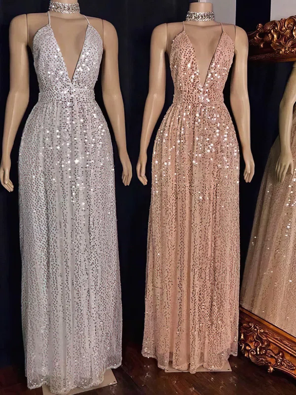 A-line V-neck Sequined Floor-length Prom Dresses #Milly020113585