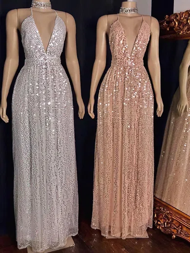 A-line V-neck Floor-length Sparkly Sequin Prom Dresses #Milly020113585