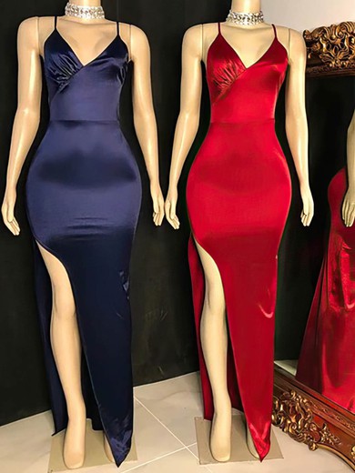 Elegant Sheath/Column Satin V-neck Split Formal Dresses PT020113586