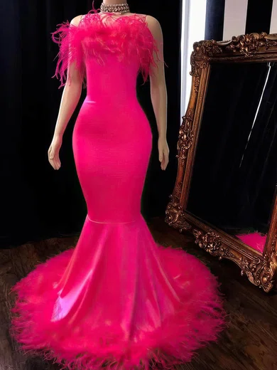 Mermaid Strapless Stretch Crepe Prom Dresses With Feather #Milly020113587