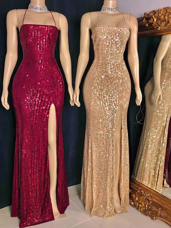 Sheath/Column Square Neckline Sequined Floor-length Prom Dresses With Split Front #Milly020113588