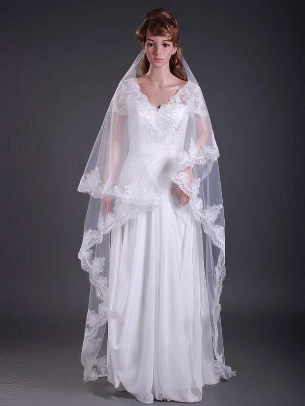 Two-tier Tulle Cathedral Wedding Veils with Lace Applique Edge #1430064