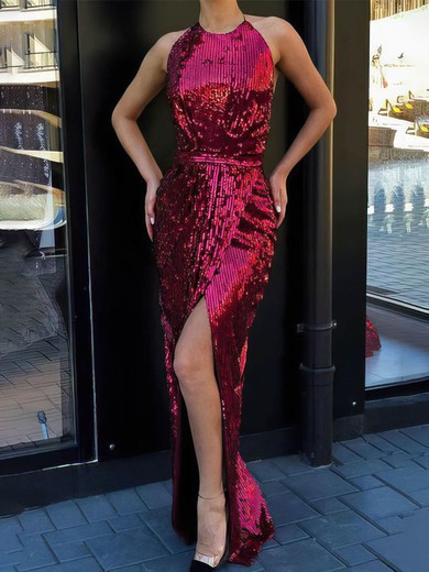 Sheath/Column Halter Sequined Floor-length Prom Dresses With Split Front #Milly020113594