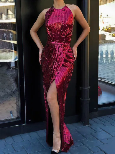Sparkly Sheath/Column Sequin Halter Split Formal Dresses PT020113594