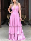 A-line V-neck Shimmer Crepe Floor-length Prom Dresses With Tiered #Milly020113596