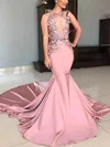 Trumpet/Mermaid Scoop Neck Silk-like Satin Court Train Prom Dresses With Appliques Lace #Milly020113597
