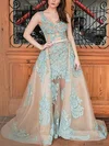 A-line V-neck Tulle Sweep Train Prom Dresses With Appliques Lace #Milly020113599