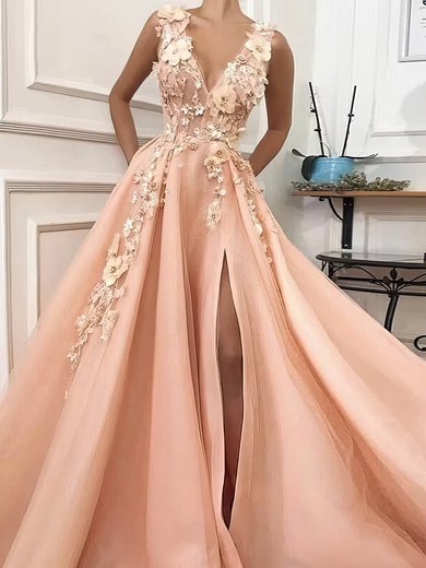Ball Gown/Princess Sweep Train V-neck Tulle Appliques Lace Prom Dresses #Milly020113604