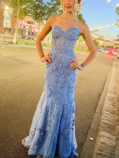 Sheath/Column Sweetheart Lace Sweep Train Prom Dresses With Appliques Lace #Milly020113608