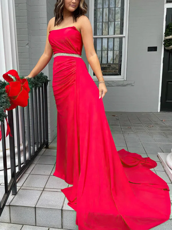 Sheath/Column Strapless Silk-like Satin Sweep Train Prom Dresses With Beading #Milly020113616