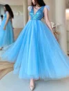 Ball Gown V-neck Tulle Sequined Ankle-length Feathers / Fur Prom Dresses #Milly020113622